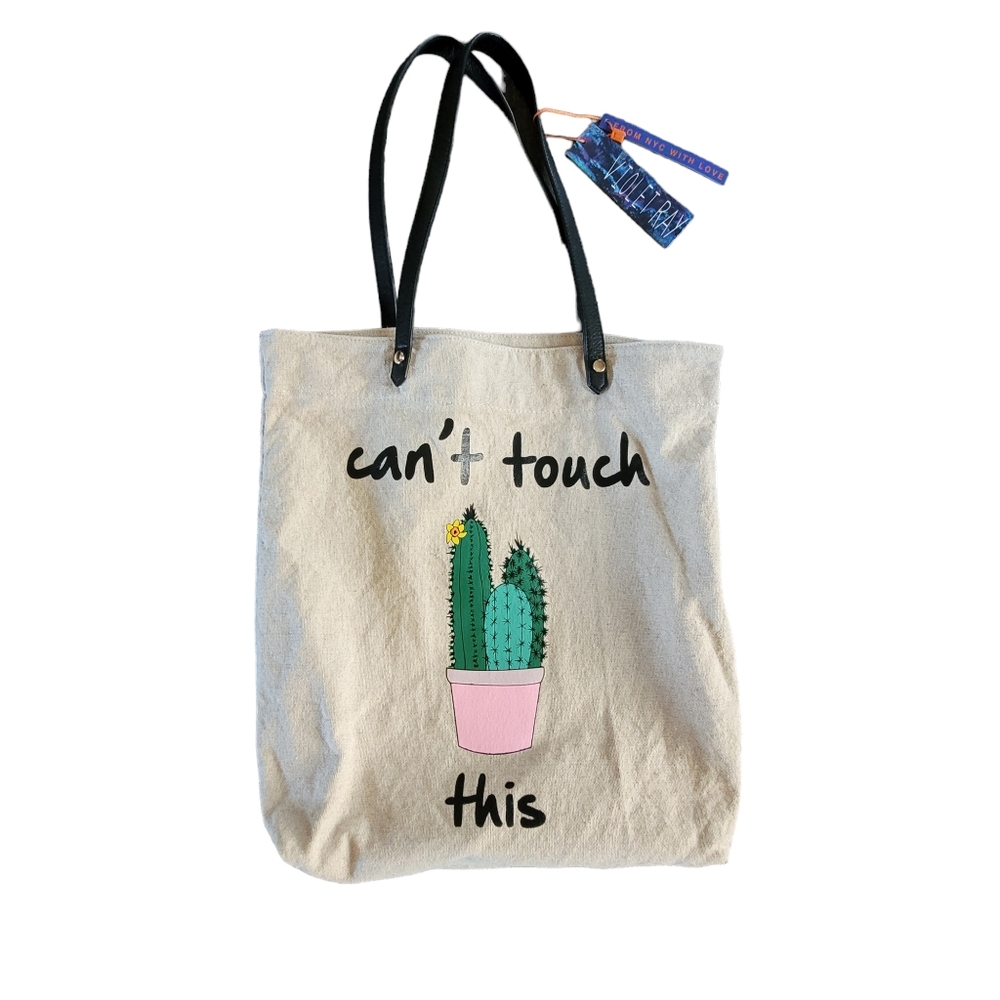 NWT Violet Ray Cactus Linen Tote Bag Funny "Can't Touch This" Vegan Leather - Picture 8 of 8